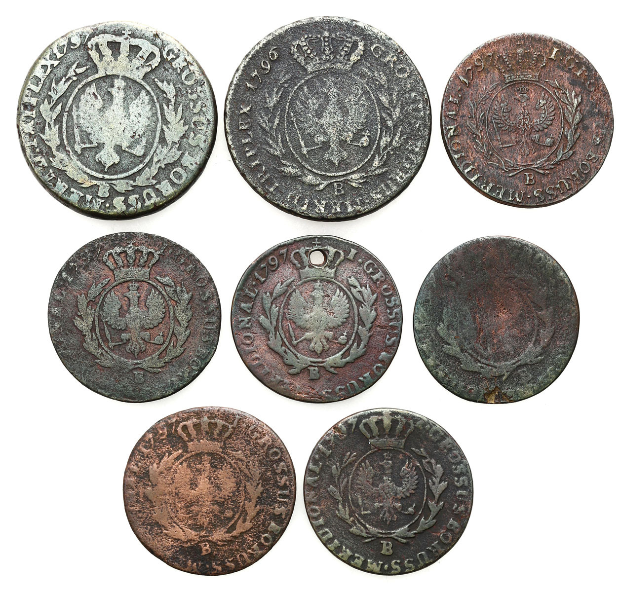 Zabór pruski, Prusy Południowe. Fryderyk Wilhelm II. Grosz i trojak 1796-1797 B, Wrocław, zestaw 8 monet